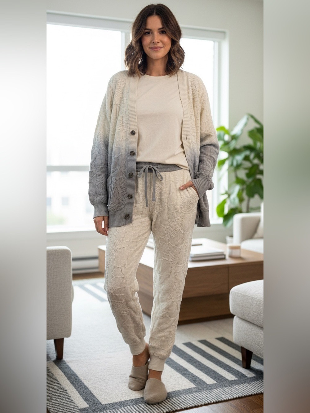 Light Gray Cream Ombre Cable Knit Joggers Small Cardigan XXL Lounge Set